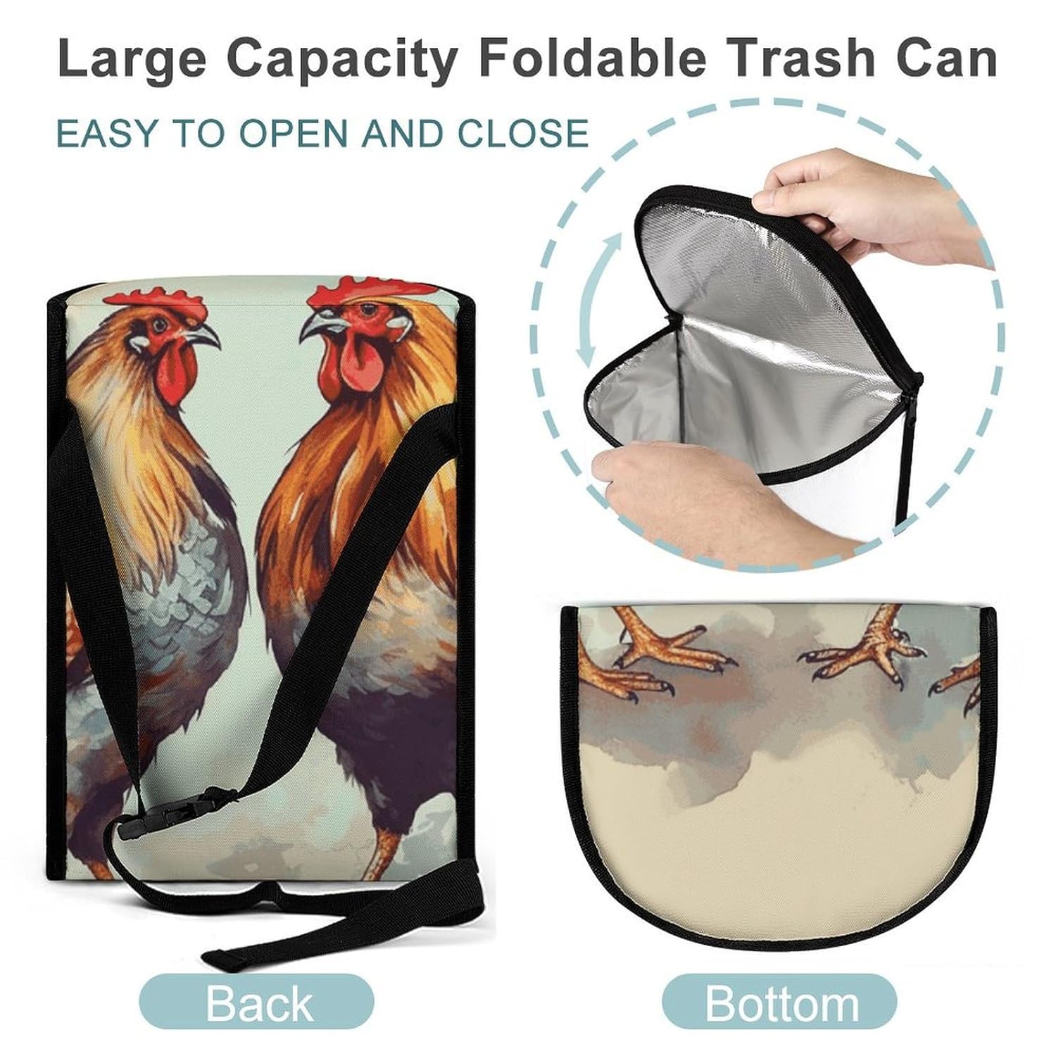 MUSM Leakproof Car Trash Can 2.5 Gallon, Durable Automotive Garbage Bag with Waterproof Liner, Rooster and Hen Trash Bag for Car, Truck, RV & Bathroom
