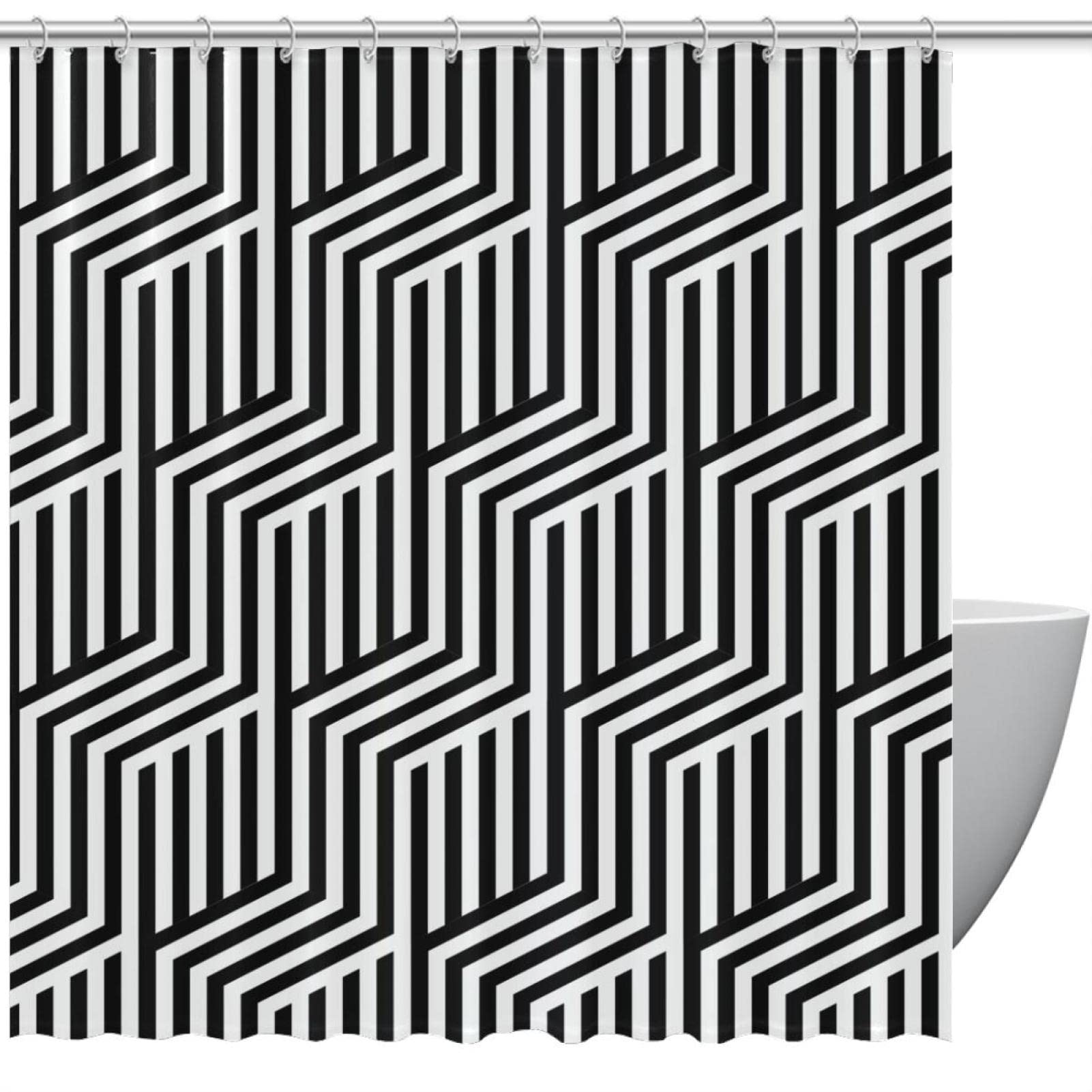 Rideau de douche hexagonal haut de gamme 183 x 183 cm au design graphique noir et blanc