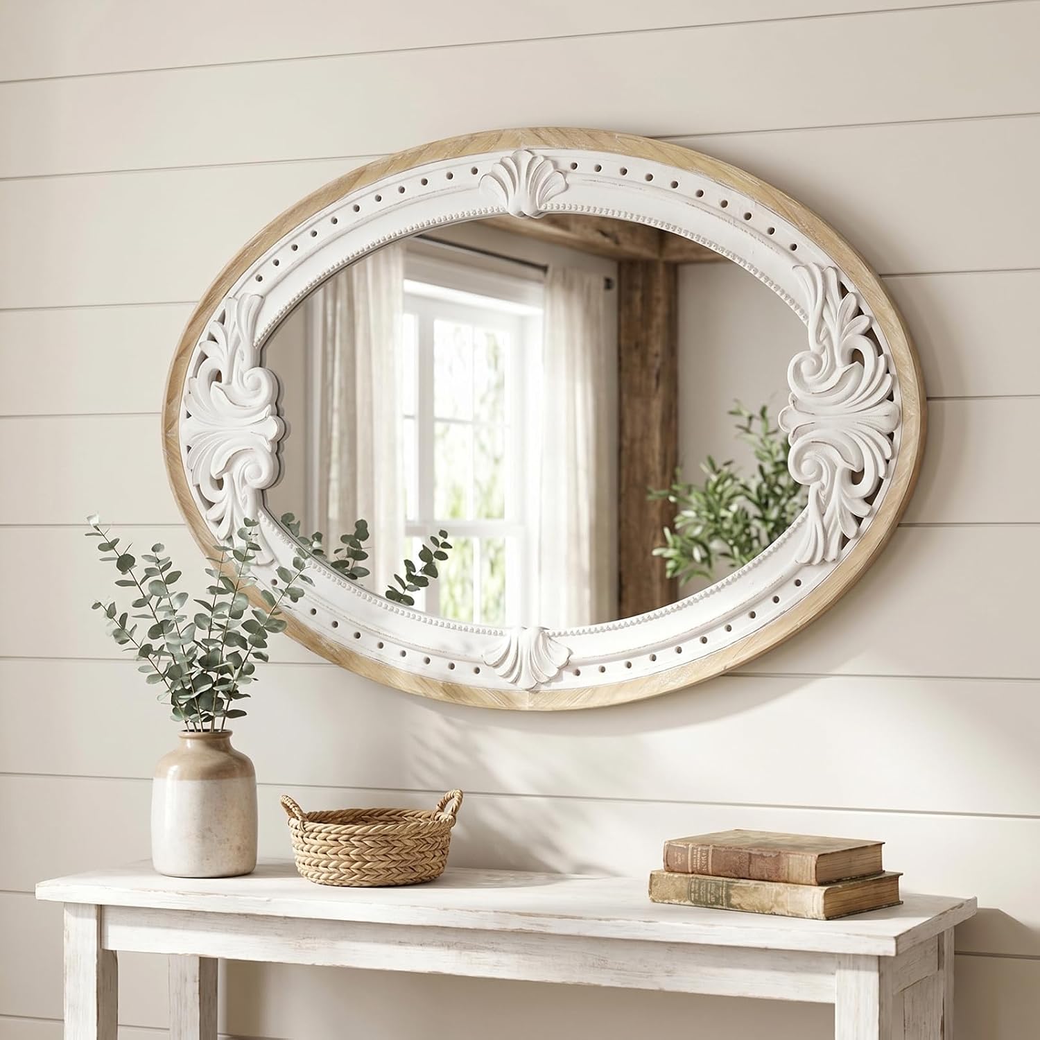 H HOMEWINS Oval Mirrors for Wall,20x30 Oval Wooden Rustic Farmhouse Carved Antique Boho Nature Vintage Decorative Mirror for Bedroom, Bathroom, Living Room,Vanity