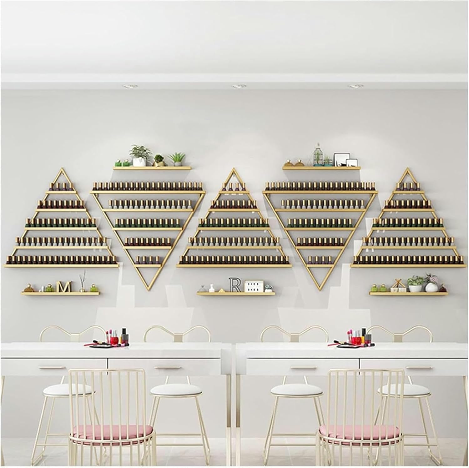 10 PCS Nail Polish Rack Wall, 5 Tiers Gold Triangular Display Rack Cosmetic Display Cases Essential Oil Bottles Shelf Organizer Lipstick Perfume Holder for Home Spa Nail Salon Shop