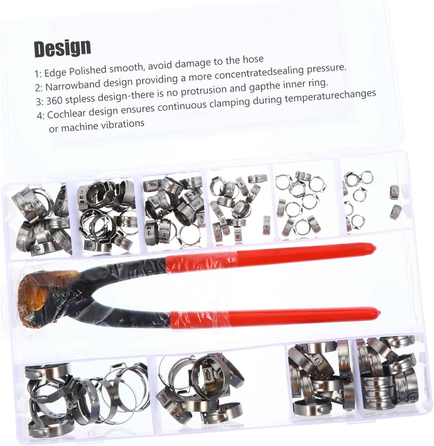 Mipcase 115pcs Stainless Steel Hose Clamp Set with Pliers Single Ear Adjustable Tube Clips for Automotive PEX and Fuel Lines Sturdy and Corrosion-Resistant