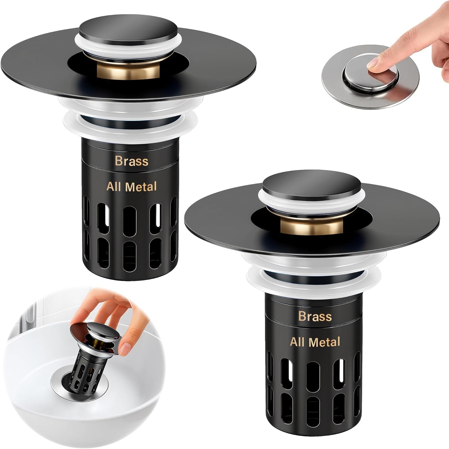 (All Metal) Bathroom Sink Stopper,Pop Up Drain for Bathroom Sink,Sink Stopper Hair Catcher,Silent Popper Core w/Removable Stainless Steel Filter Basket,Sink Drain Plug Fit for 1.05~2.0''Basin