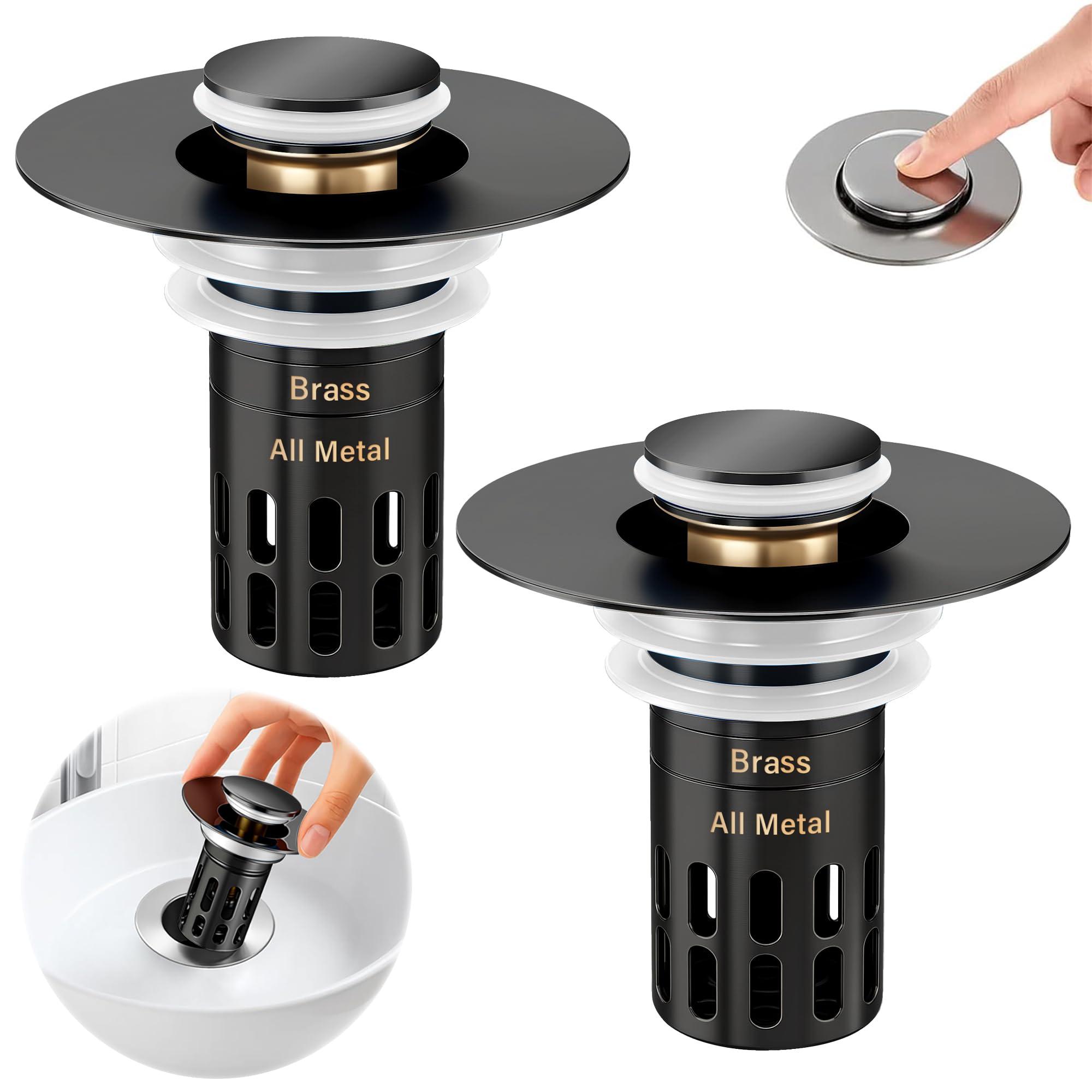 Photo 1 of (All Metal) Bathroom Sink Stopper, Pop Up Drain Strainer for Bathroom Sink, Sink Plug Hair Catcher, Silent Popper Core w/Removable Filter Basket,Fit 1.05~2.0''Basin (Matte Black, 2 Pack)