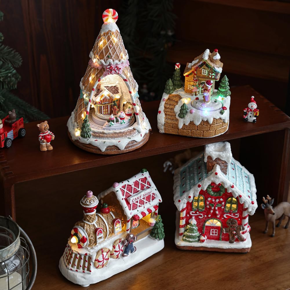 Casette di Natale in resina con scena di neve, villaggio di neve rotante con musica e luce LED per Natale e feste in casa (B)