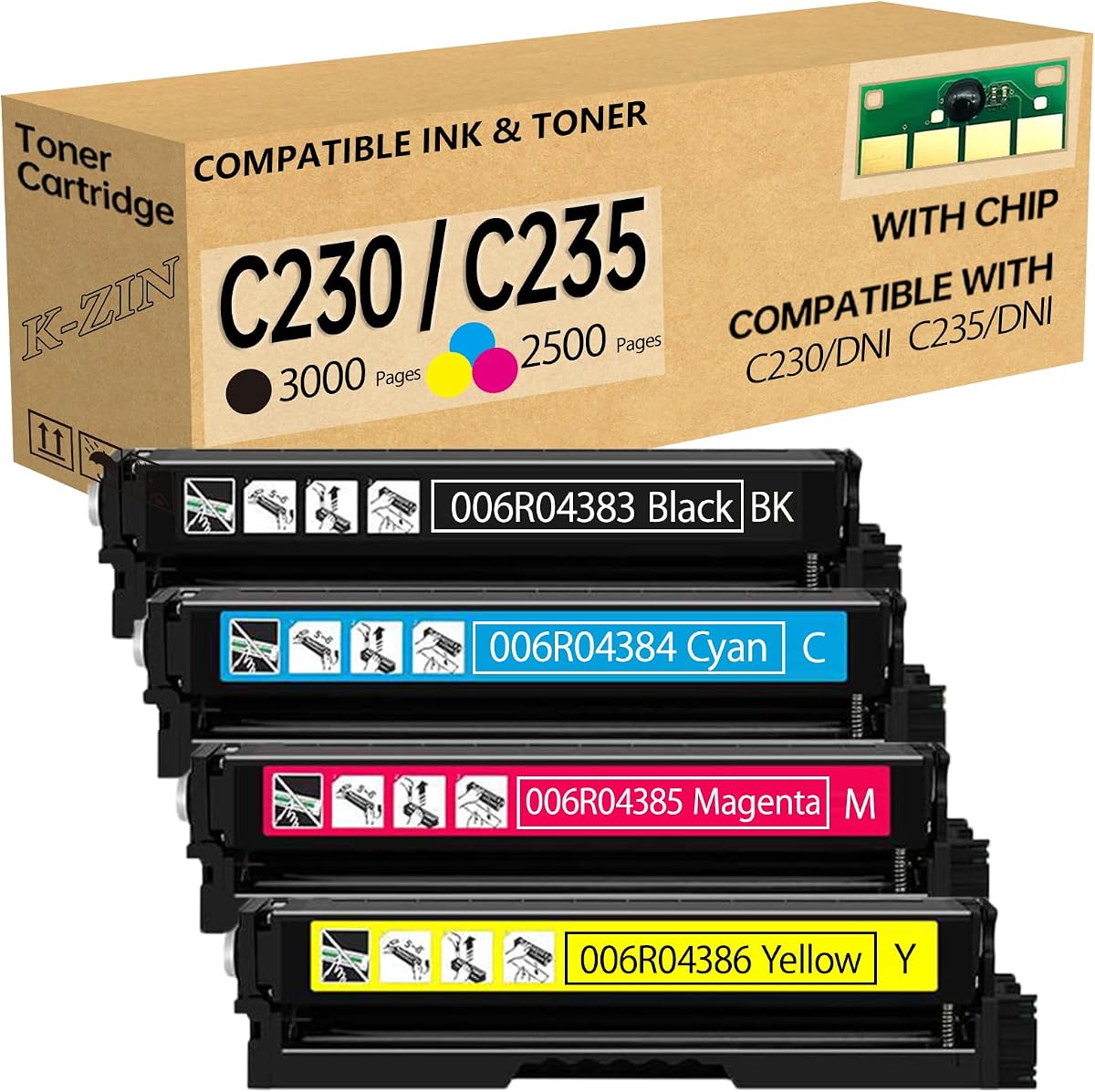 C230 C235 Toner Cartridge Compatible with Xerox C230DNI 235DNI Printers | for 006R04383 006R04384 006R04385 006R04386 Toner Cartridge with Chip(4-Pack, Black, Cyan, Magenta, Yellow)