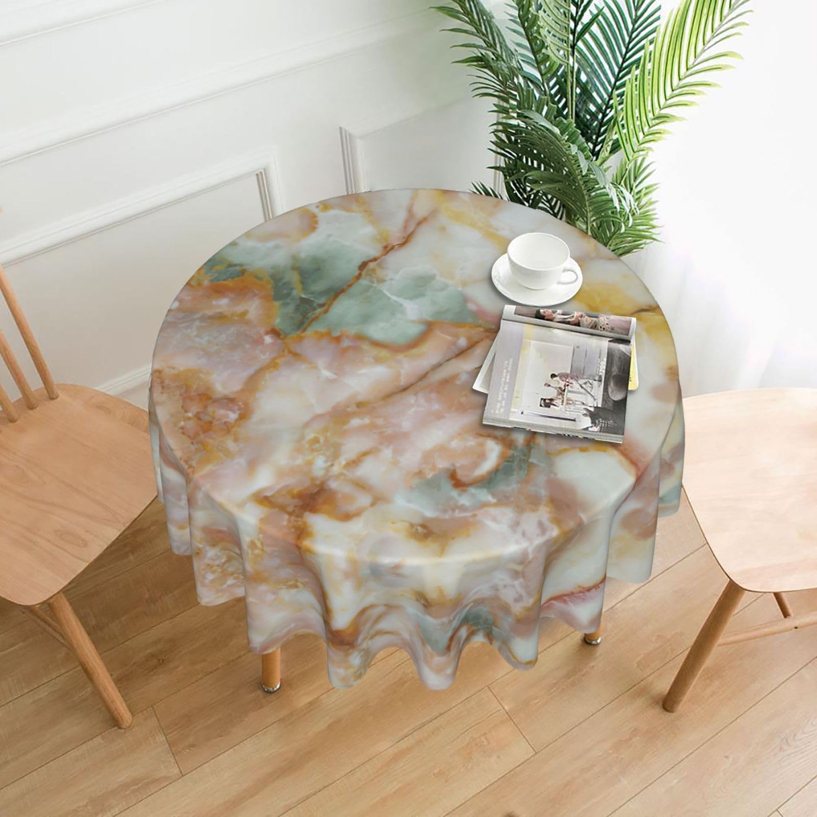 VCzsdff Golden Marble Print Stain Resistant Round Tablecloth 60in Family Friendly Polyester Cloth for Kids Meals