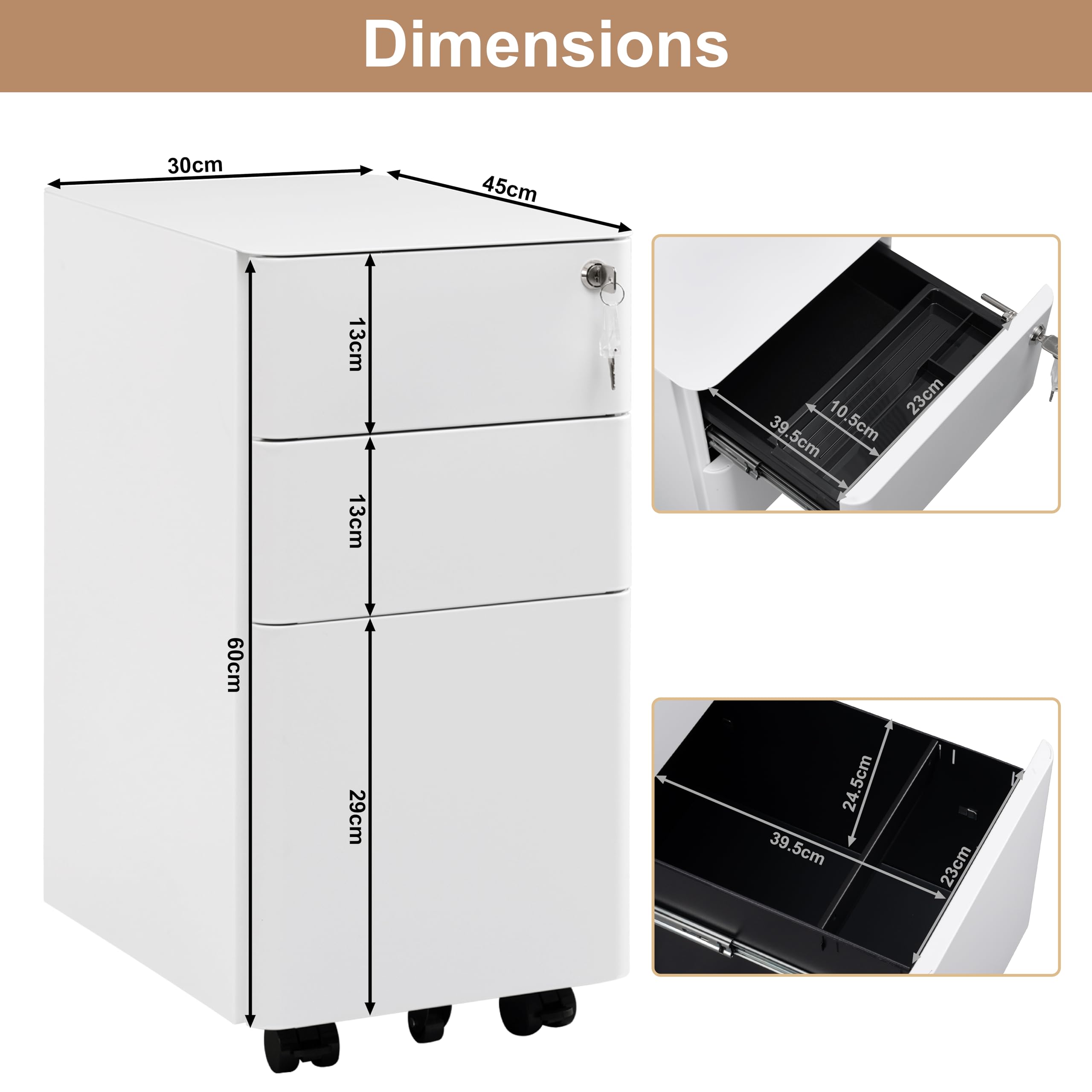 WOLTU Caisson de Bureau Mobile, Meuble de Rangement pour Dossiers Suspendus Format A4, Caisson sur roulettes, Armoire Documents avec 3 Tiroirs Verrouillables, en Métal, Blanc, 30x45x60 cm, ASK10ws