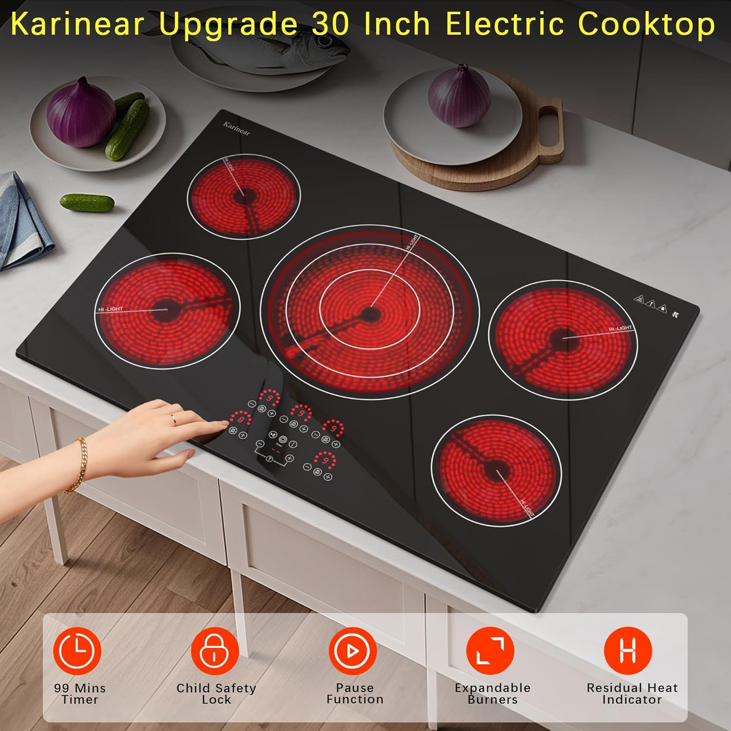 Karinear Glaskeramikkochfeld 5 Platten, 5 Herdplatten Kochfeld mit erweiterbarer Doppelzone, 8700W, 77CM Autarkes Kochfelder Keramik, Unabhängige Touch-Steuerung, Digitalanzeige, 40A, 240V