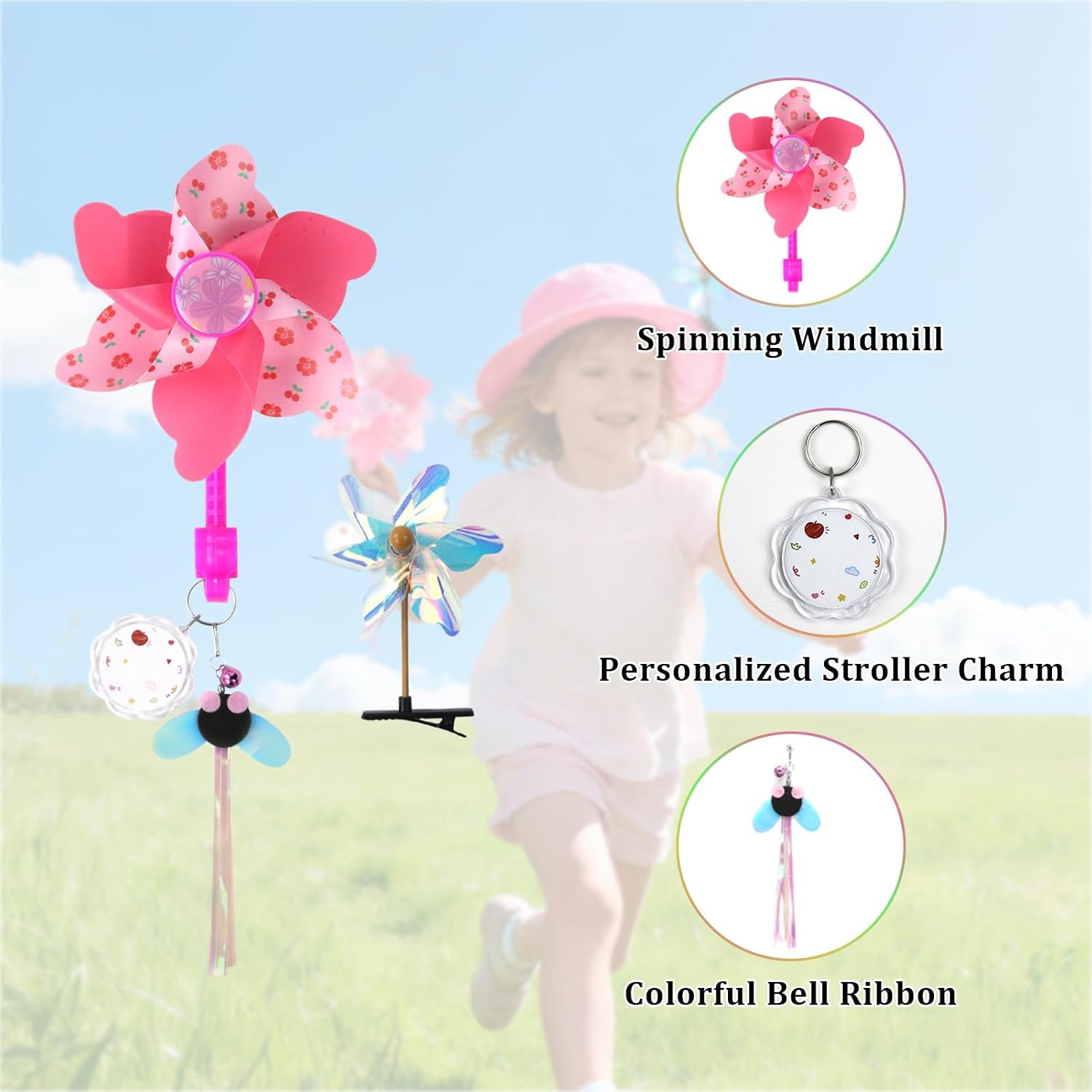 Spinning Windmill Stroller Identification Hanger, Easy-Clip Stroller Tag with Vibrant Ribbons and Name Tag, Instantly Spot Your Stroller in Crowded Parks, Airports, Shopping Malls (Pink Little Flower)