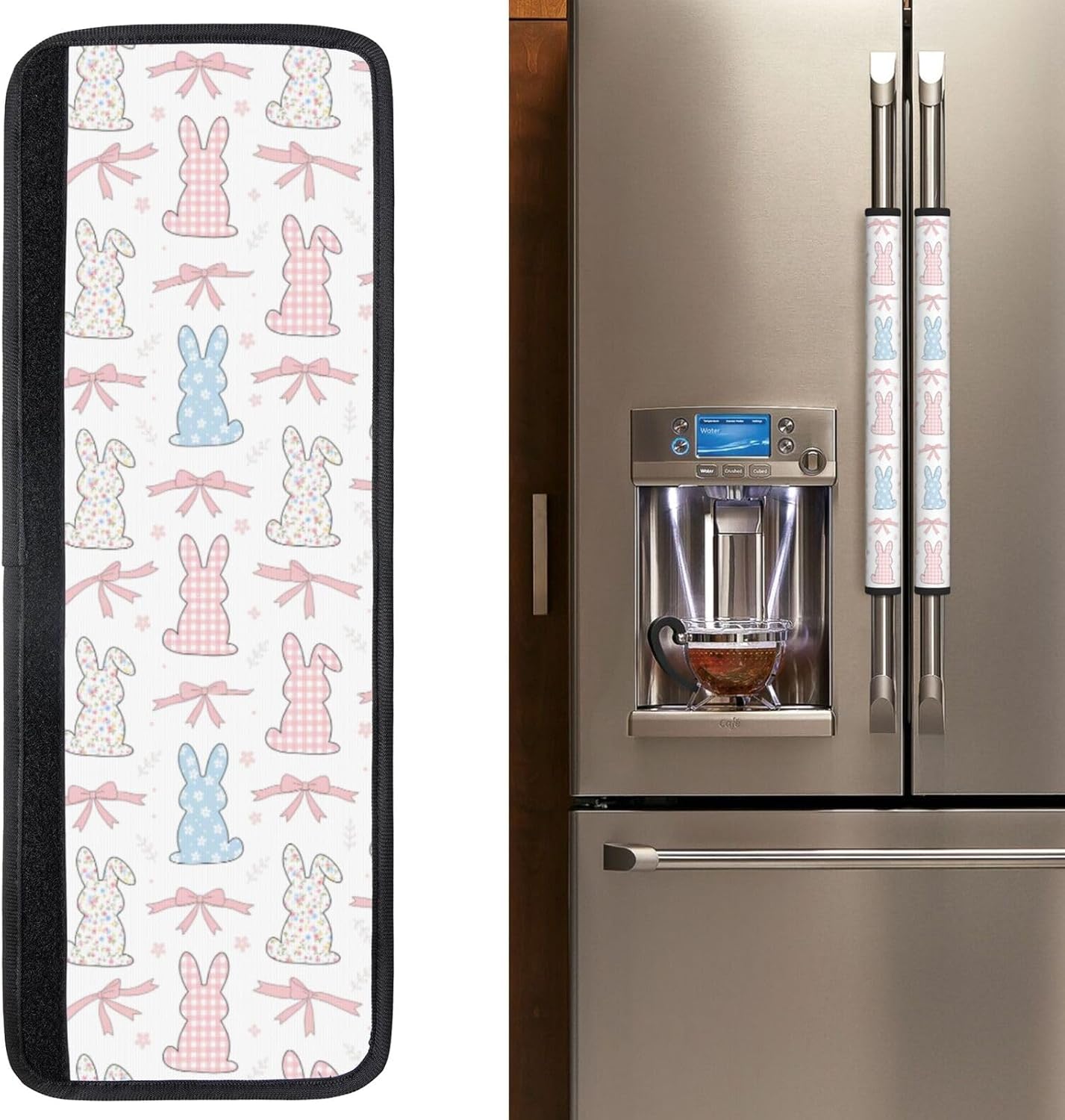 Refrigerator Handle Covers Set of 2 Washable Neoprene Fridge Door Protectors Spring Easter Cute Bunny Pink Bows Floral Kitchen Appliance Decor Gift