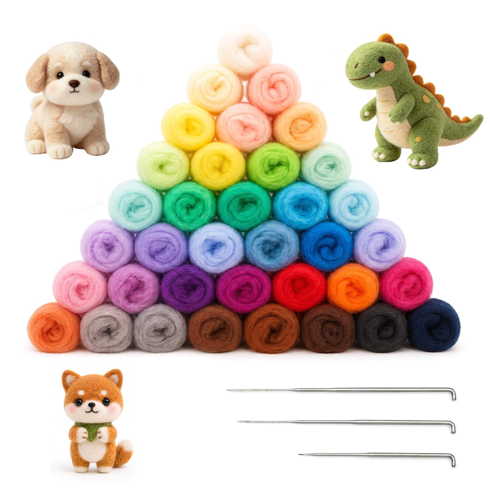 SPOKKI 36 Pcs Needle Felting Wool with Needles, 36 Colours Fleece Roving Yarn Needle Felting Kit, Beginner-Friendly Art Crafts for DIY Crafts Decoration, 3g/Color
