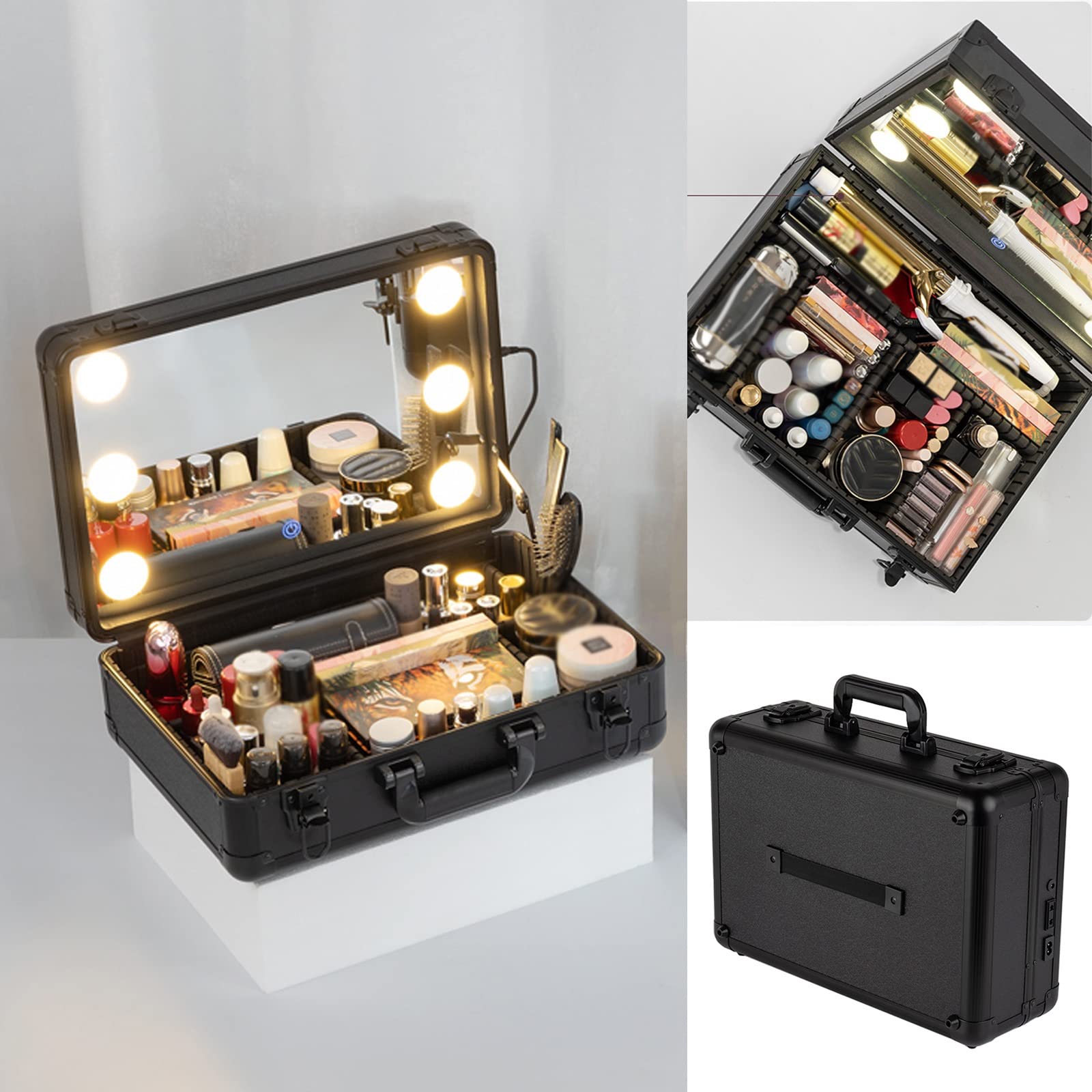 Custodia Per Trucco Da Viaggio Professionale Borsa Cosmetica Trucco Treno Borsa Organizer Per Attrezzi Da Parrucchiere Con Scomparto Regolabile, Astuccio Per Cosmetici Con Luce E Specchio,Nero
