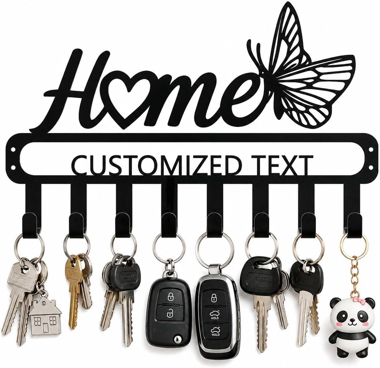 Personalized Home Butterfly Metal Key Holder Wall Mount, Custom Text Key Hooks for Wall with 5 to 10 Hooks Black Metal Key Hanger Rack for Entryway Kitchen Hallway Decor Housewarming Gift
