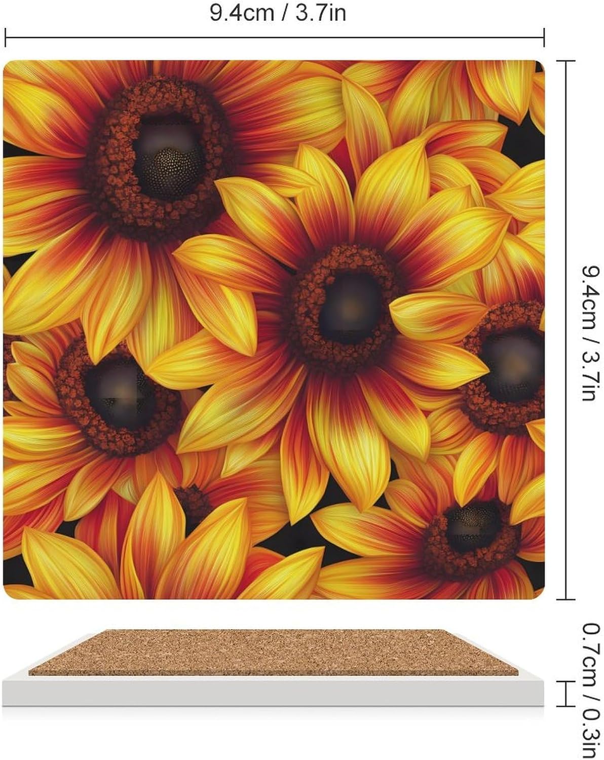 Sunflowers Floral Coasters for Drinks Square Ceramic Coasters Cup Mats with Cork Base