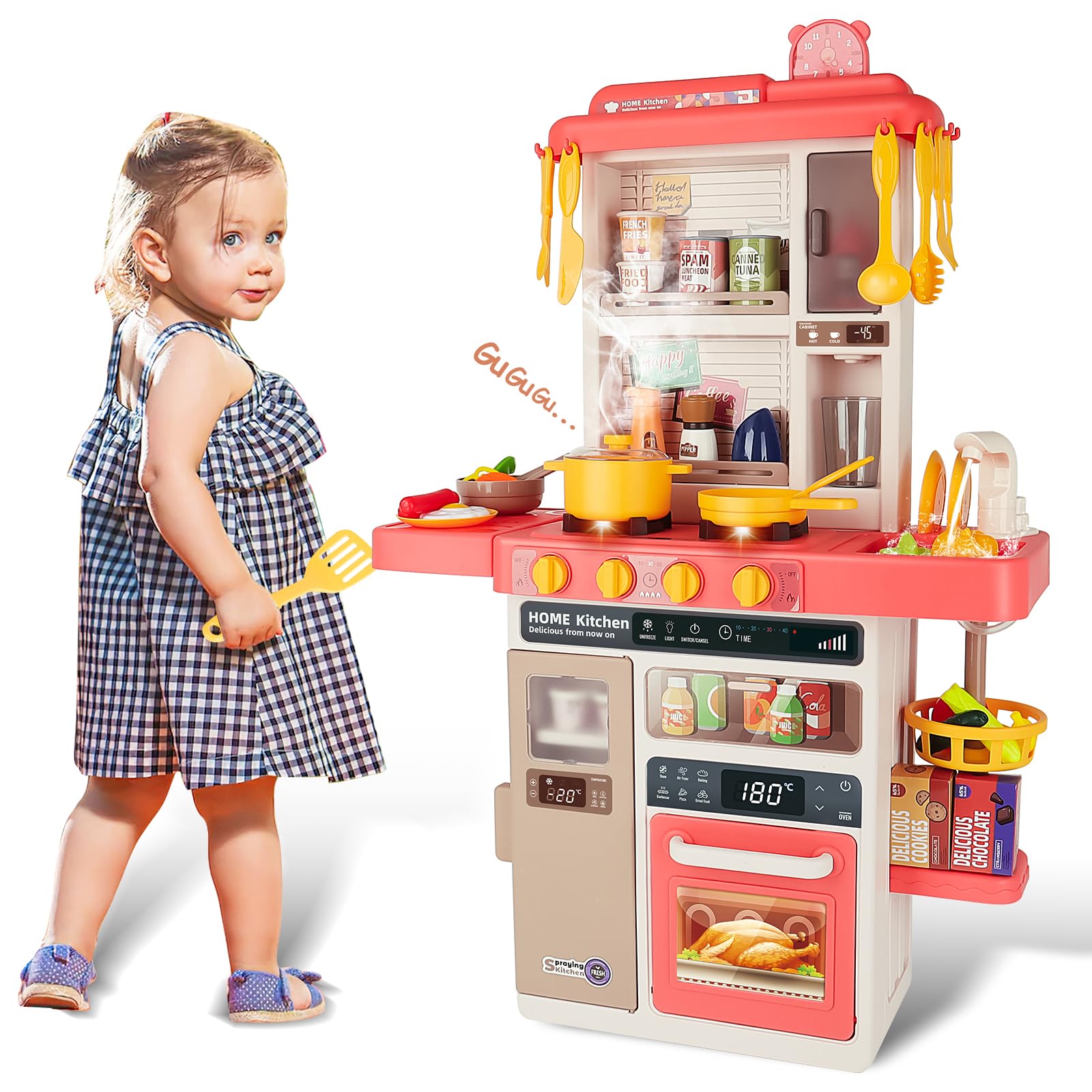 deAO Cuisine pour Enfants Interactive, 50PCS Accessoires Kitchen Toy | Rose | Avec Sons et Lumières, Comprenant Vaisselle, Aliments, évier, Four et plaques de Cuisson, kit de Cuisine, 78*50.5*20cm