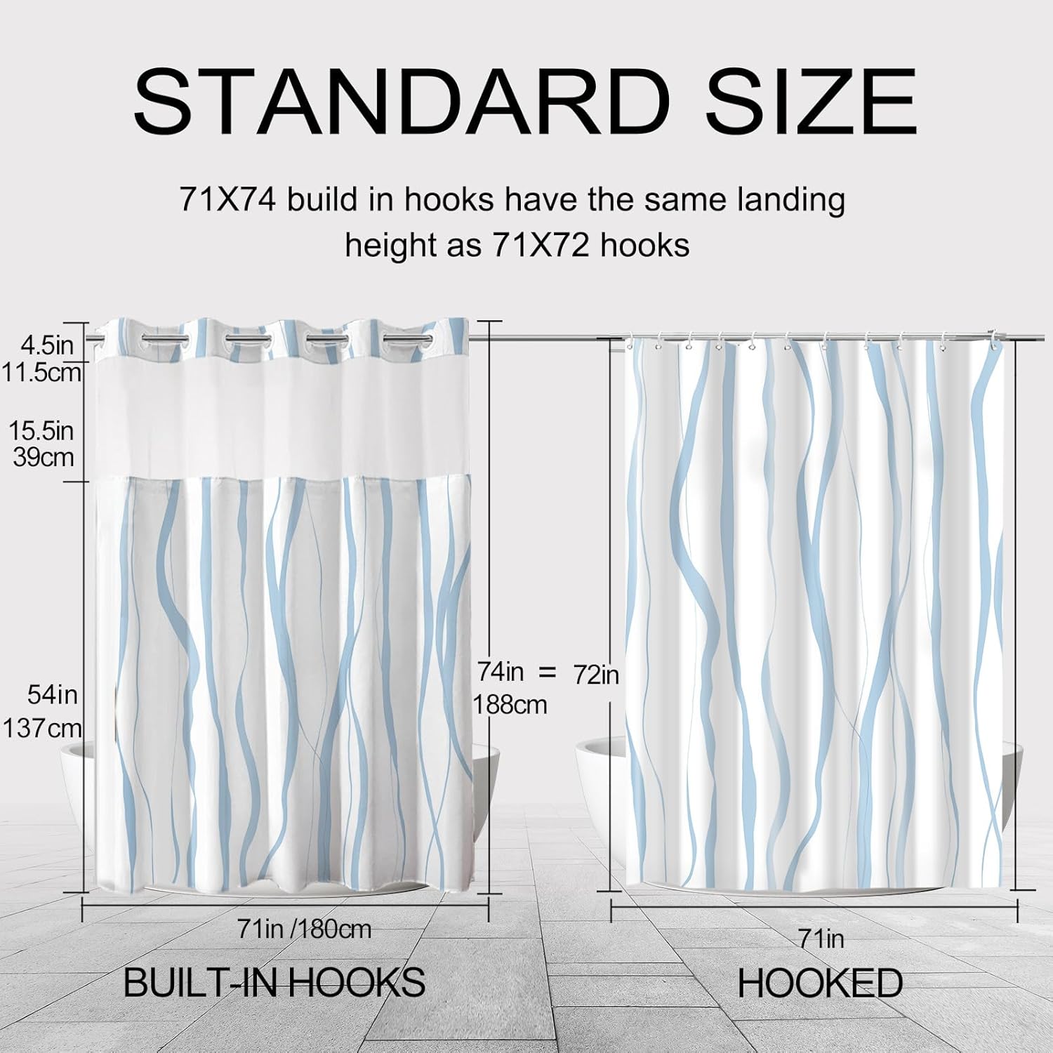 No Hook Shower Curtain with Snap in Liner Set, Sky Blue and White Striped Design, Waterproof Fabric Hotel Shower Curtains for Bathroom Decor with See Through Mesh Top Window 71x74 Inch