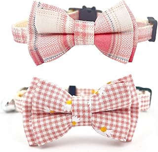 SOLMOONY Kitty Collars for Girl Boy Cats,2 Pack Adjustable Cat Bowtie Collar with Cute Bow Tie and Bell Plaid Flower,Breakaway Cat Collars with Bell (Pink)