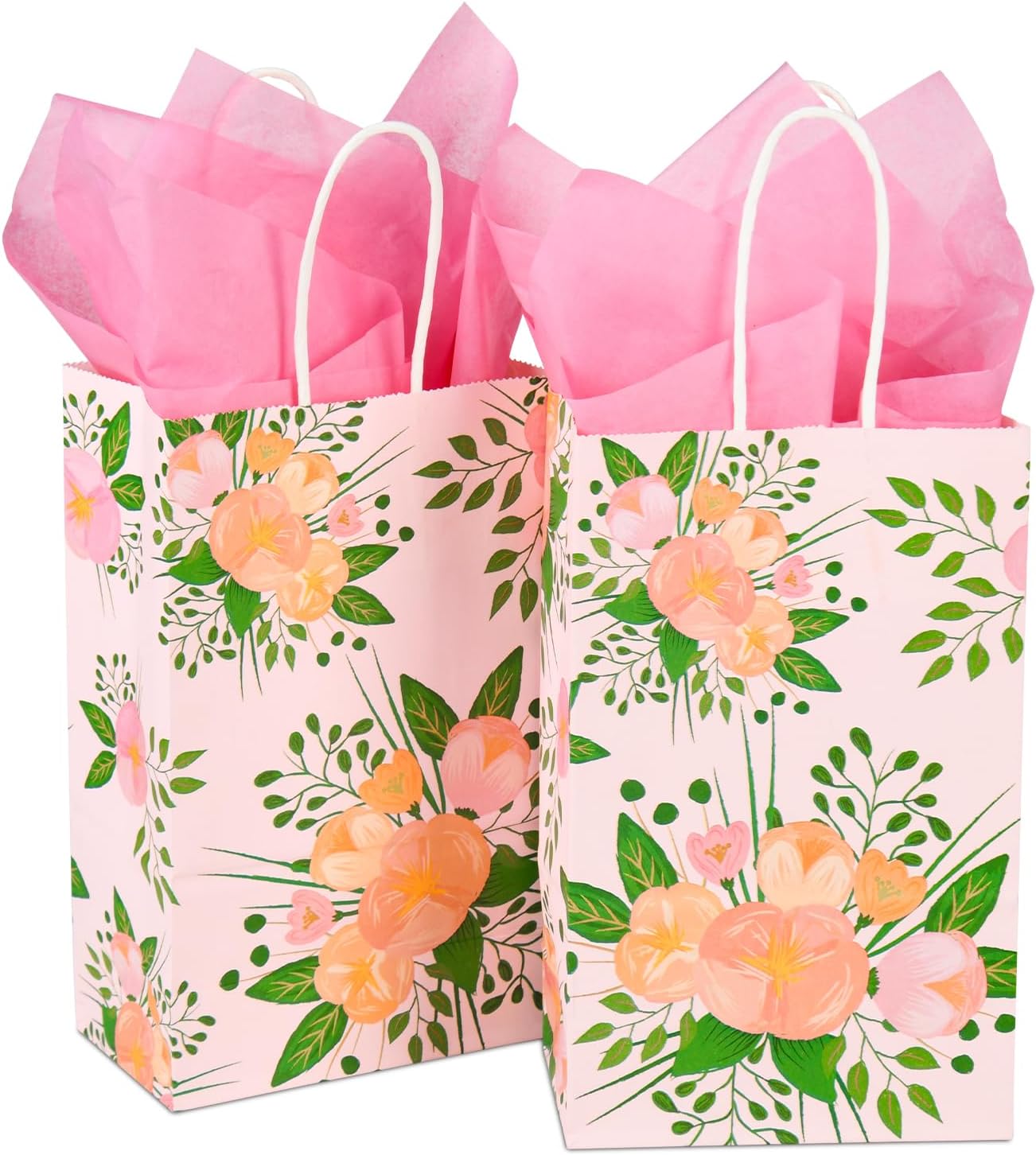 DjinnGlory 50 Pack Small-Size Floral Gift Bags with Handles and Pink Tissue Paper for Birthdays, Weddings, Boutiques, Party Favor Bags for Bridal Showers (9x5.5x3.15 Inch)