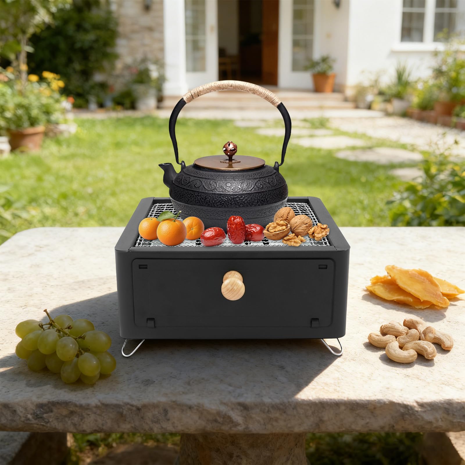 Barbacoa portátil de carbón vegetal, hornillo de camping con parrilla, mini barbacoa de mesa para picnic y preparación de té (negro)
