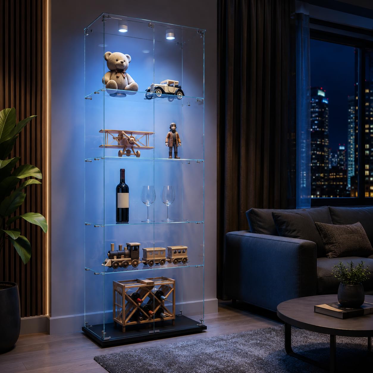 Vitrina de cristal con luces LED de pie, vitrina de cristal, 5 pisos, 2 puertas, armario de cristal adecuado para salón, dormitorio, oficina y bares (negro, 5 niveles, 2 puertas + LEDA)