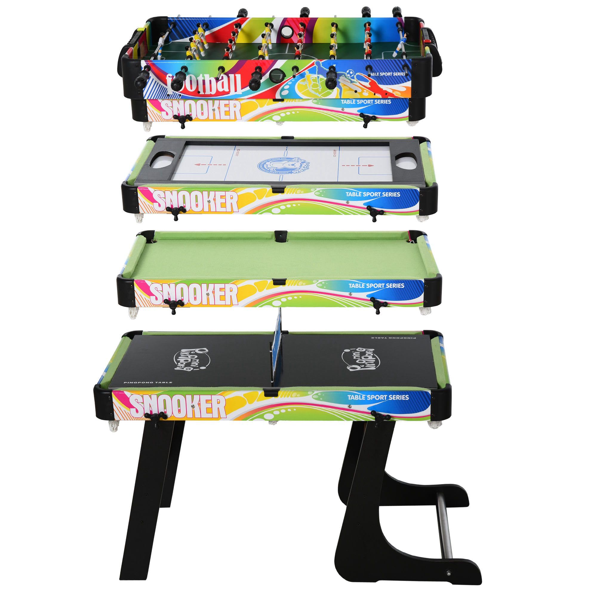 HOMCOM Tavolo da Gioco 4 in 1 per Calcio-Balilla, Biliardo, Air Hockey e Ping Pong con Accessori Inclusi, Tavolo Multigioco Pieghevole in MDF e Plastica, Multicolore