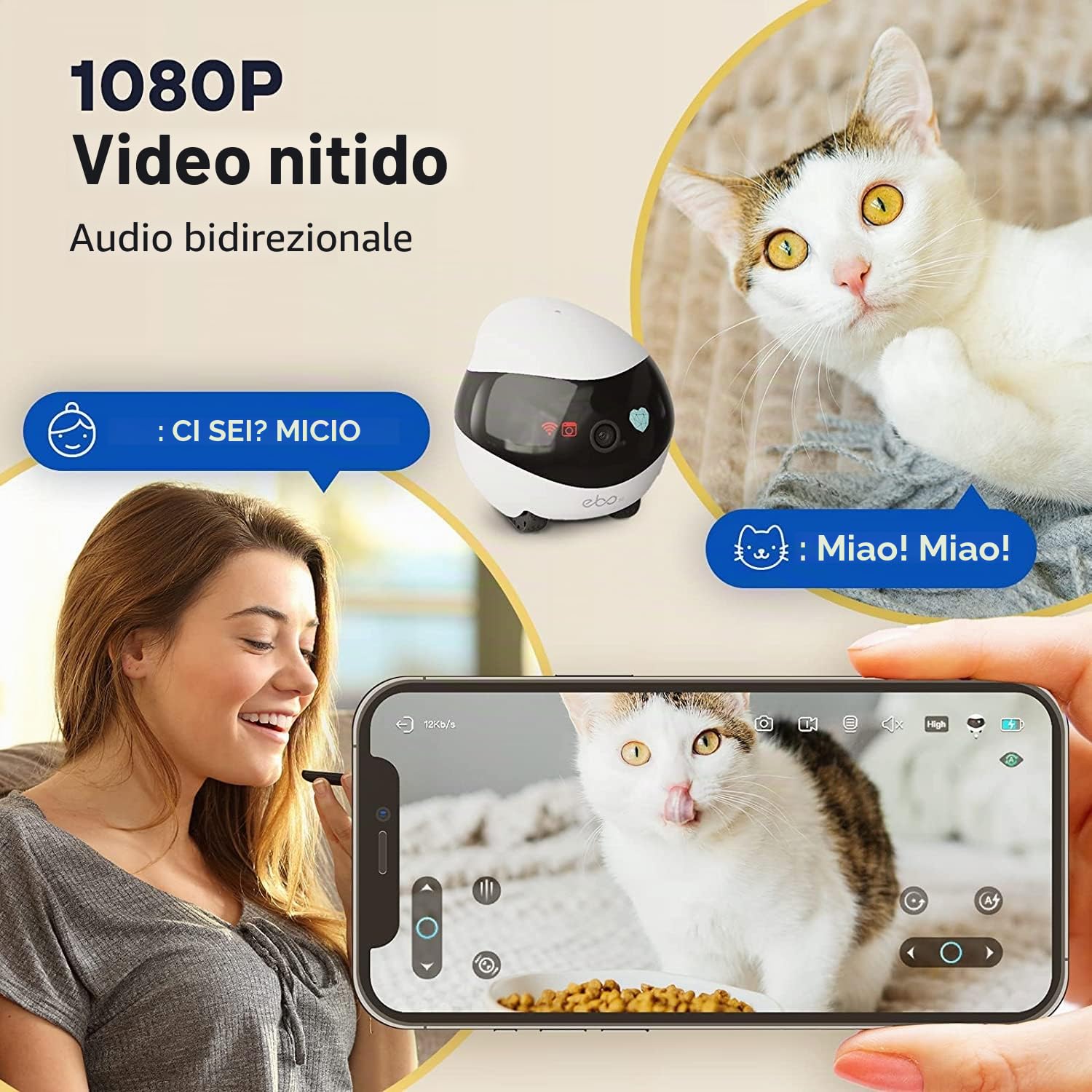 Enabot EBO SE FamilyBot – Robot Telecamera Animali 1080P, Telecamera Mobile Interna, Ricarica Automatica, Visione Notturna, Audio Bidirezionale, Storage Locale – Gatti e Cani