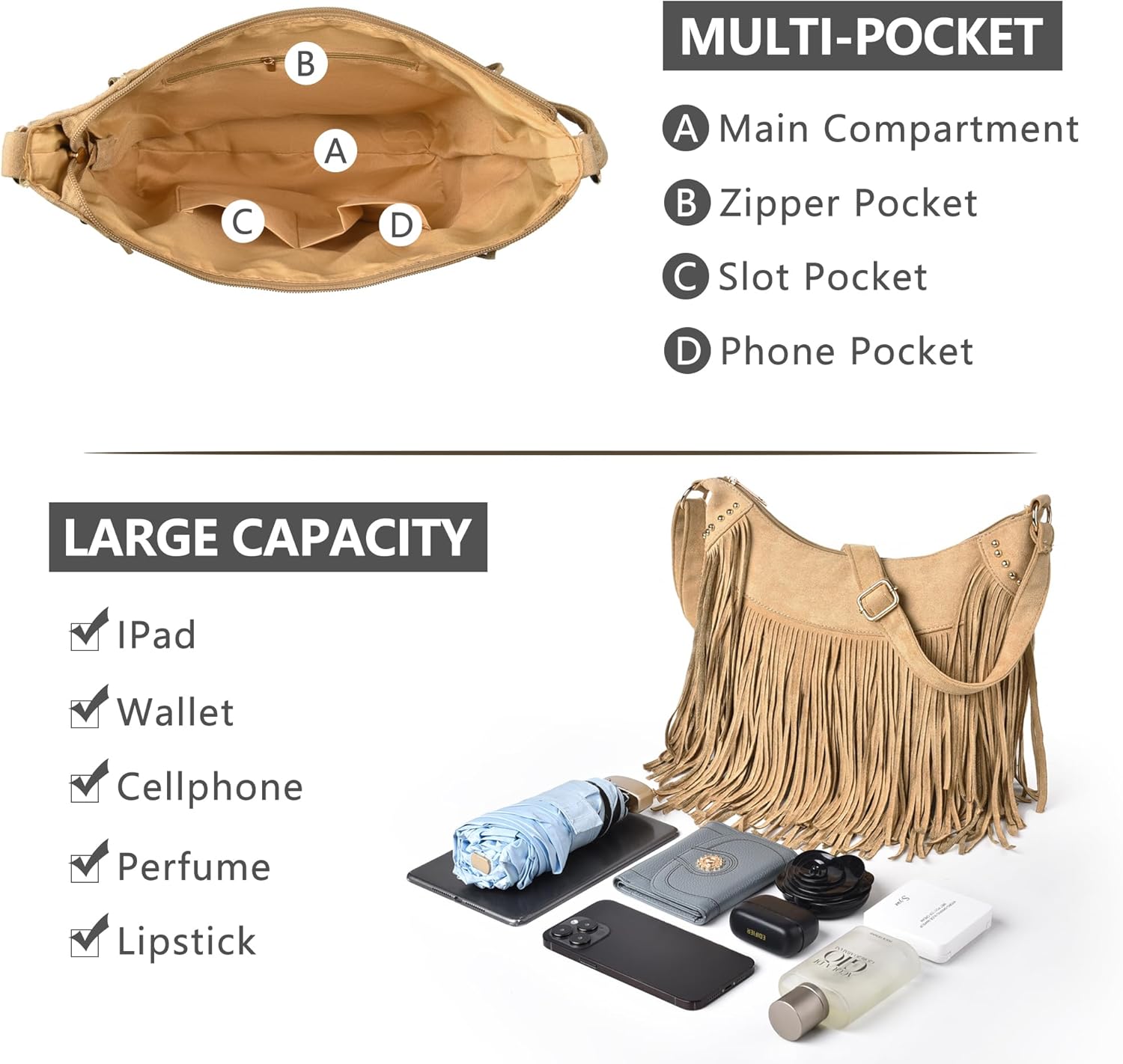 Fringe Hobo Bags for Women Vintage Suede Crossbody Bag Hippie Western Cowgirl Purses Tassel Shoulder Bag - Image 3