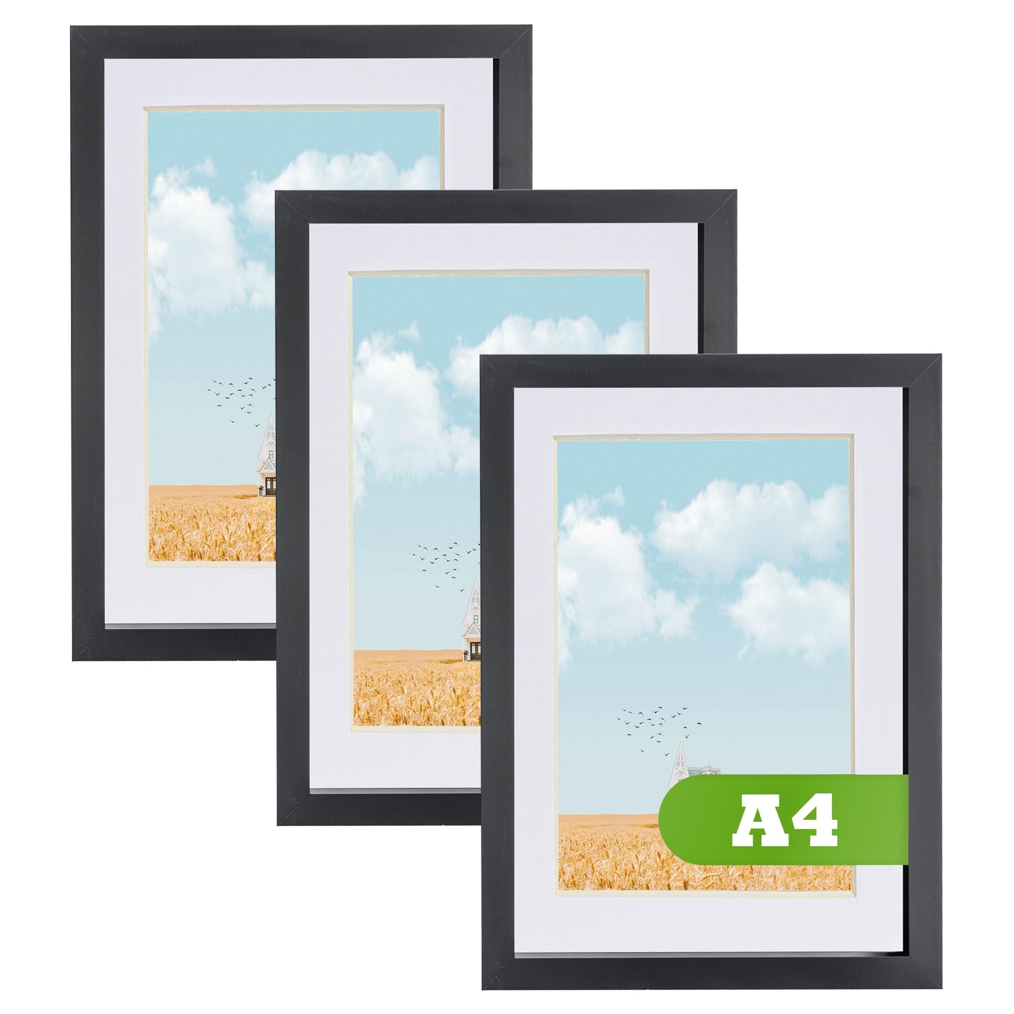 Nicola Spring Black A4 (8" X 12") Photo Frames With A5 Mounts - Pack Of 3