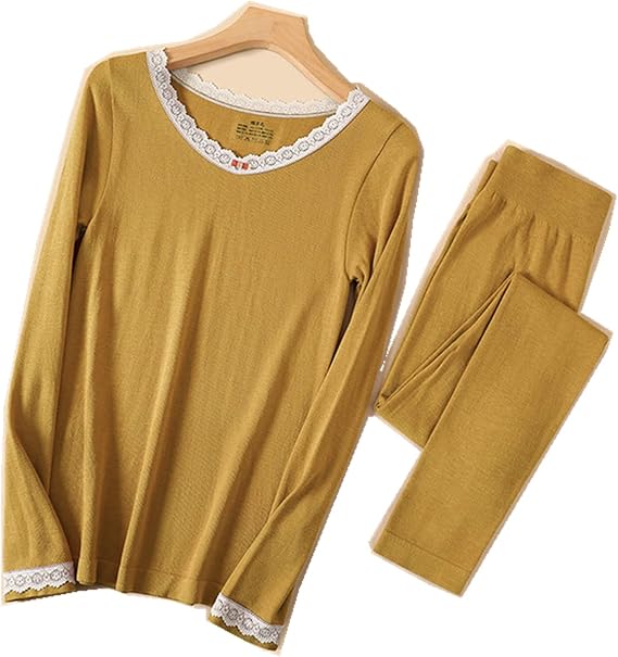 Amazon Co Jp ヒートテック 防寒下着 サーマル下着 ウール レディース下着 レース ラウンドネック トップスとボトムスのスーツ 秋冬 長袖シャツ ズボン 黄 服 ファッション小物