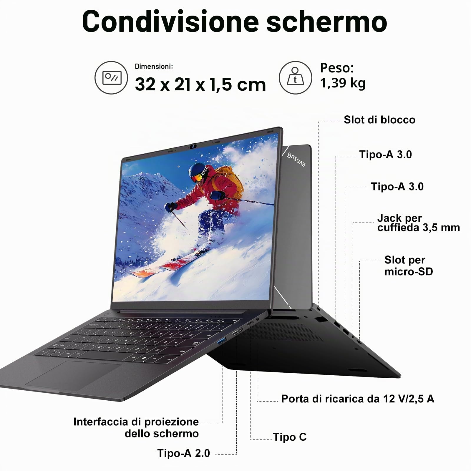 Pc Portatile 14 Pollici Win11 Notebook Celeron N5095 Upto 2,9 GHz Laptop 8GB RAM 256GB SSD TF 1TB LPDDR4 5G WiFi 1920*1080 FHD USB 3.0 Laptop QWERTY Tastiera Film Italiana - Nero Corpo in Metallo