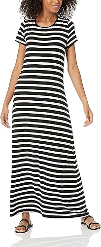 Amazon Essentials Women's Short-Sleeve Maxi Dress, Flowy, Black White French Stripe, Large
