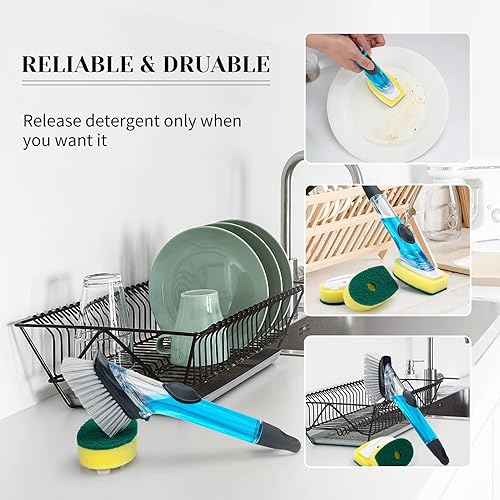 Miniatura 6 de Juego de cepillos para platos dispensadores de jabón, cepillo de cocina con 4 cabezales de repuesto de cepillo, 2 ganchos adhesivos, cepillo para