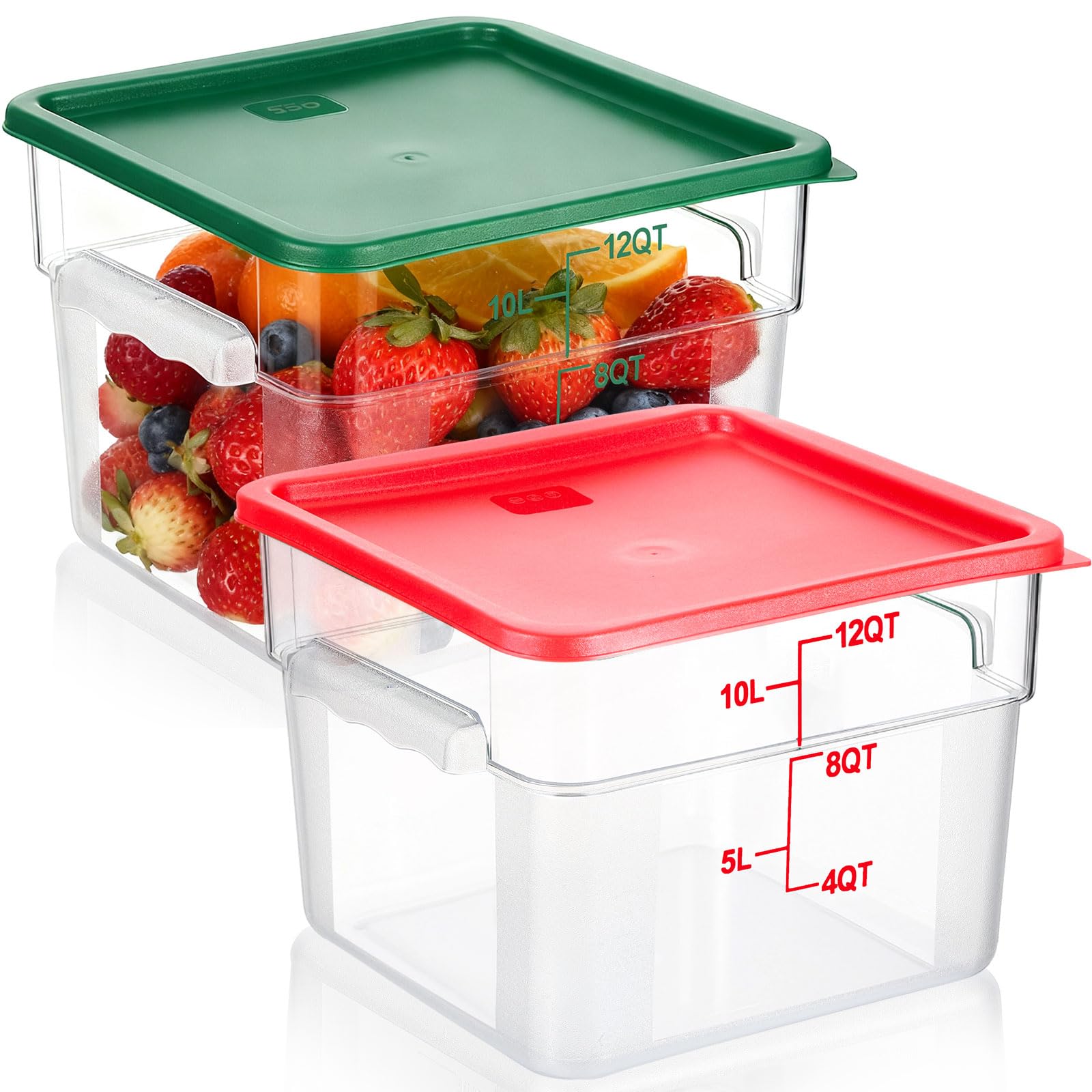 2 Pieces Square Food Storage Containers Polycarbonate Clear food Container with Lid Commercial Storage with Graduations for Commercial Kitchen Dough Marinating Meat(Green, Red,12 Qt)