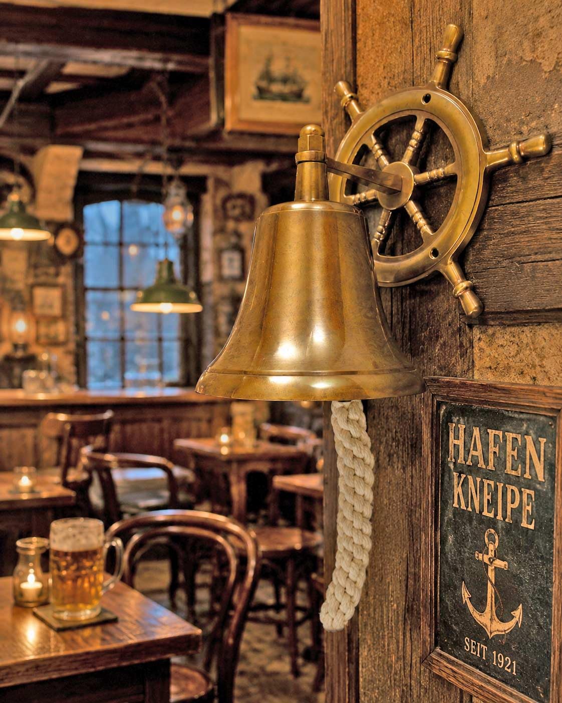 Messing Glocke brüniert mit Steuerrad und Kordel für die Wandaufhängung. Maritime Dekoration für den Schiffs Liebhaber