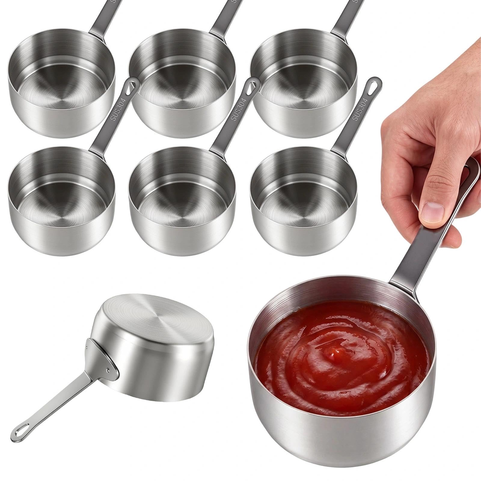 Dexpally 8 Pcs 100ml Stainless Steel Sauce Pots with Handle Mini Saucepan Condiment Sauce Cups Dipping Bowls for Ketchup Dressing Seasoning for Kitchen Picnic (Silver)