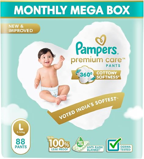 Pampers Premium Care Pant Style Baby Diapers | Large (L size) | 88 Count | Voted India's Softest | All-in-1 with 360 Cotto...
