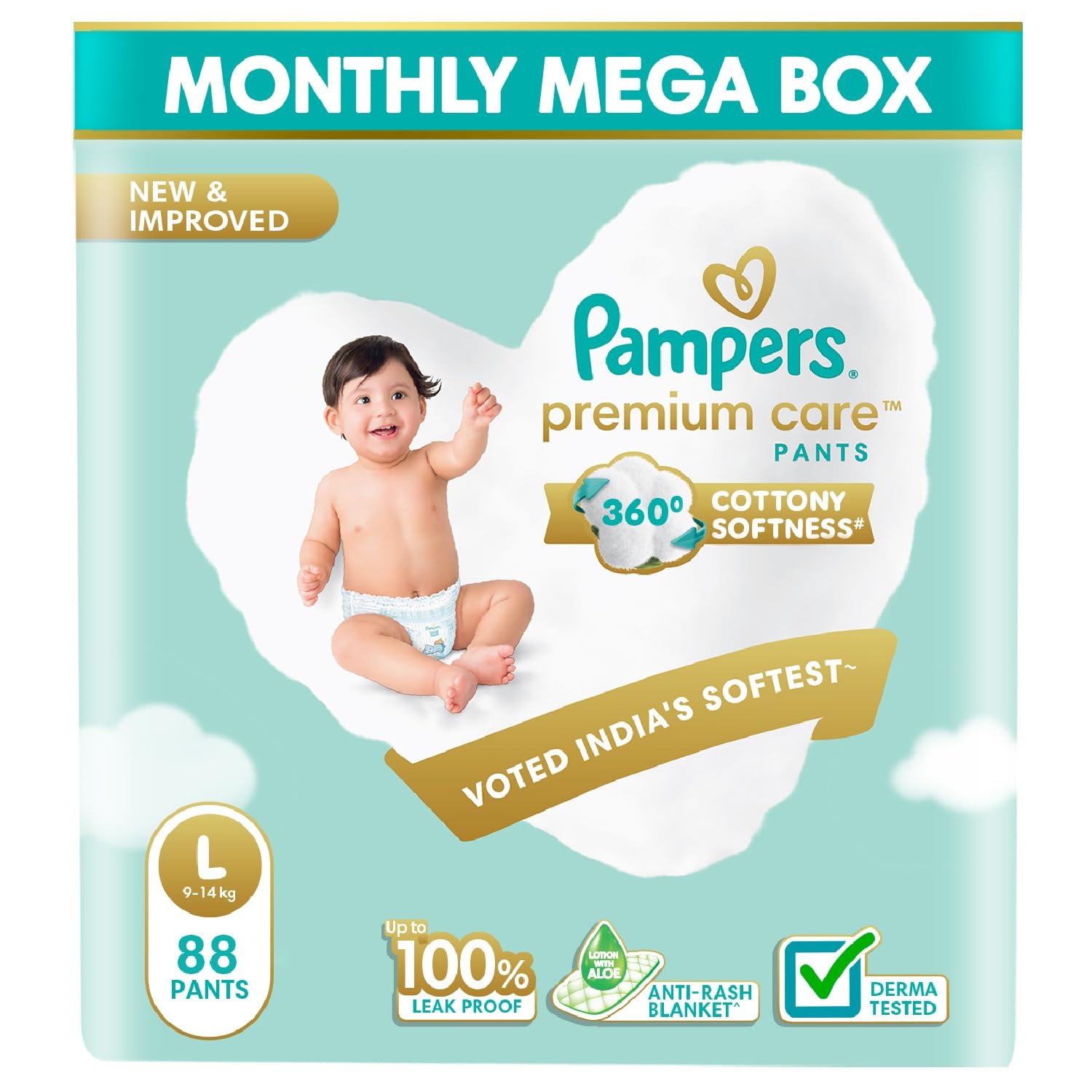 Pampers Premium Care Pant Style Baby Diapers | Large (L size) | 88 Count | Voted India's Softest | All-in-1 with 360 Cottony Softness Diapers| 9-14kg