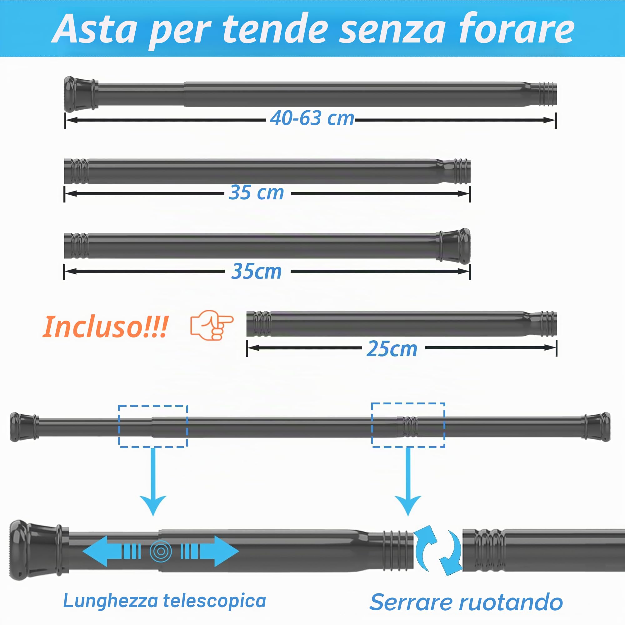 Bastone Tenda a Pressione Senza Forare Bastone per Tenda a Pressione Bastone Tenda Doccia, Lunghezza 83-160cm(1 pezzo), Diametro 25mm,Bianco
