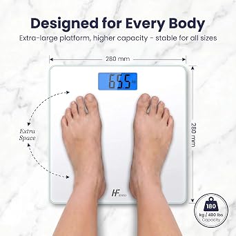HomeFashion HFitness Large 28×28cm Bathroom Scales for Body Weight, Digital Weighing Scales, 180kg High Precision Weight Scale with Backlit Display White