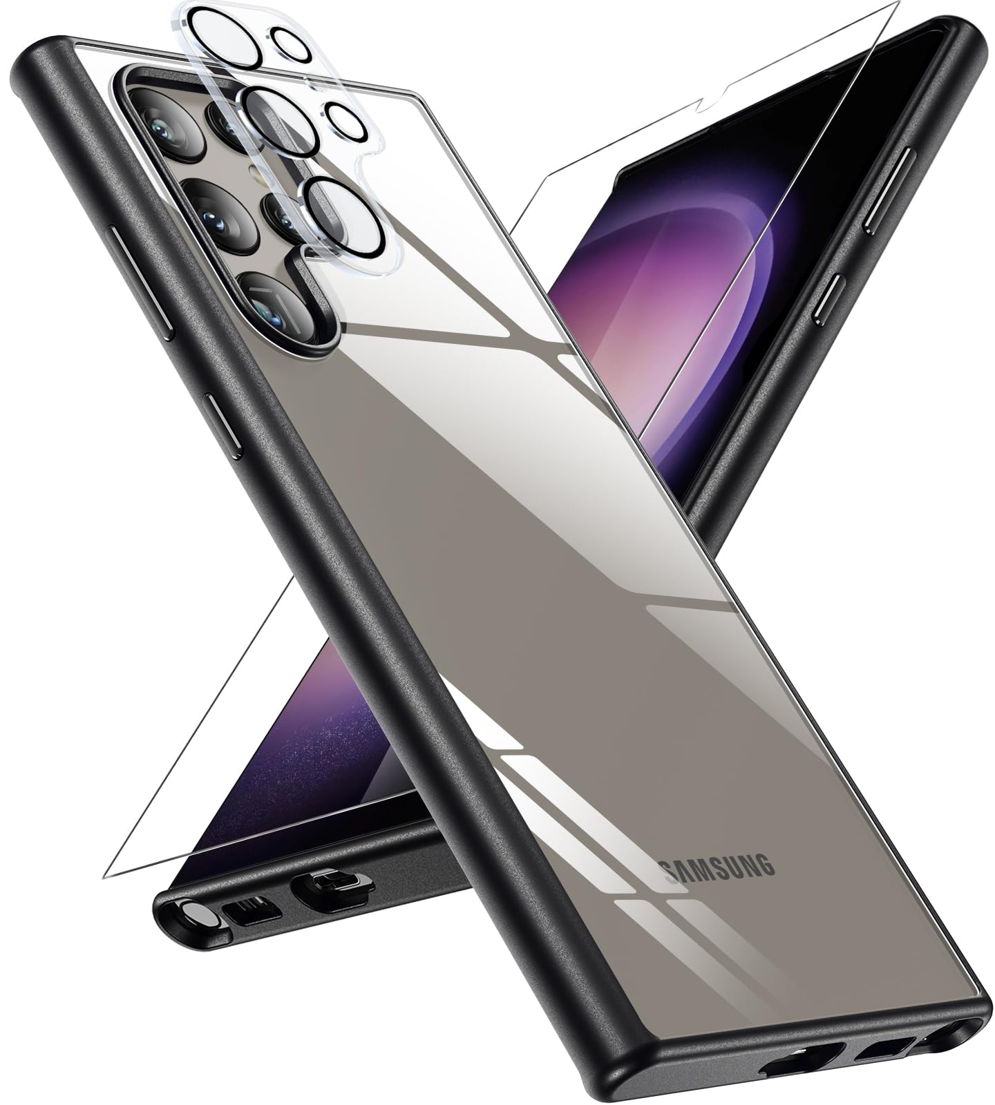 Simapu Clear Case for Samsung Galaxy S24 Ultra Cases[with Tempered Glass Screen Protector,Camera Lens] Silicone Clear Hard PC Back,TPU Soft Bumper[Anti-Yellow Technology] Support Wireless Charging