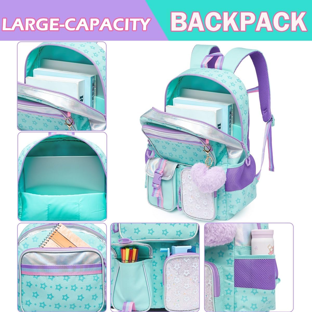 Meetbelify Aesthetic Backpack for Elementary to Teen Girls, Cute Bookbag for Kids 8-10 Green image 4 of 8 B0C8FX8H5F