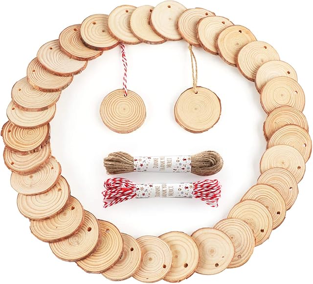 ilauke 60 Pcs Wooden Discs 4-5 cm Natural Wood Slices with Natural Jute Twine, Unfinished Predrilled Log Discs Wooden Circles for DIY Crafts Christmas Decorations Ornaments