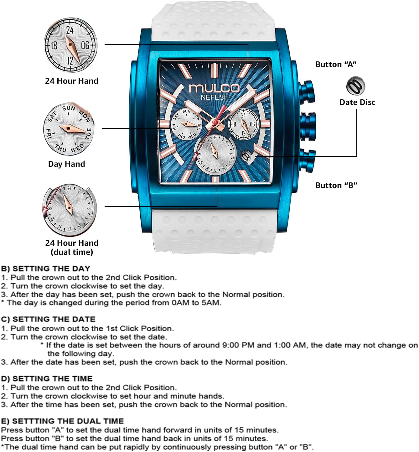 MULCO Watches Kripton Square– 46 mm Stainless-Steel Case, Black with Wrist Silicone Band, Quartz Multifunctional Day and Date Movement, Large Face Analog Display - Rose Gold Accents, 100m- Waterproof