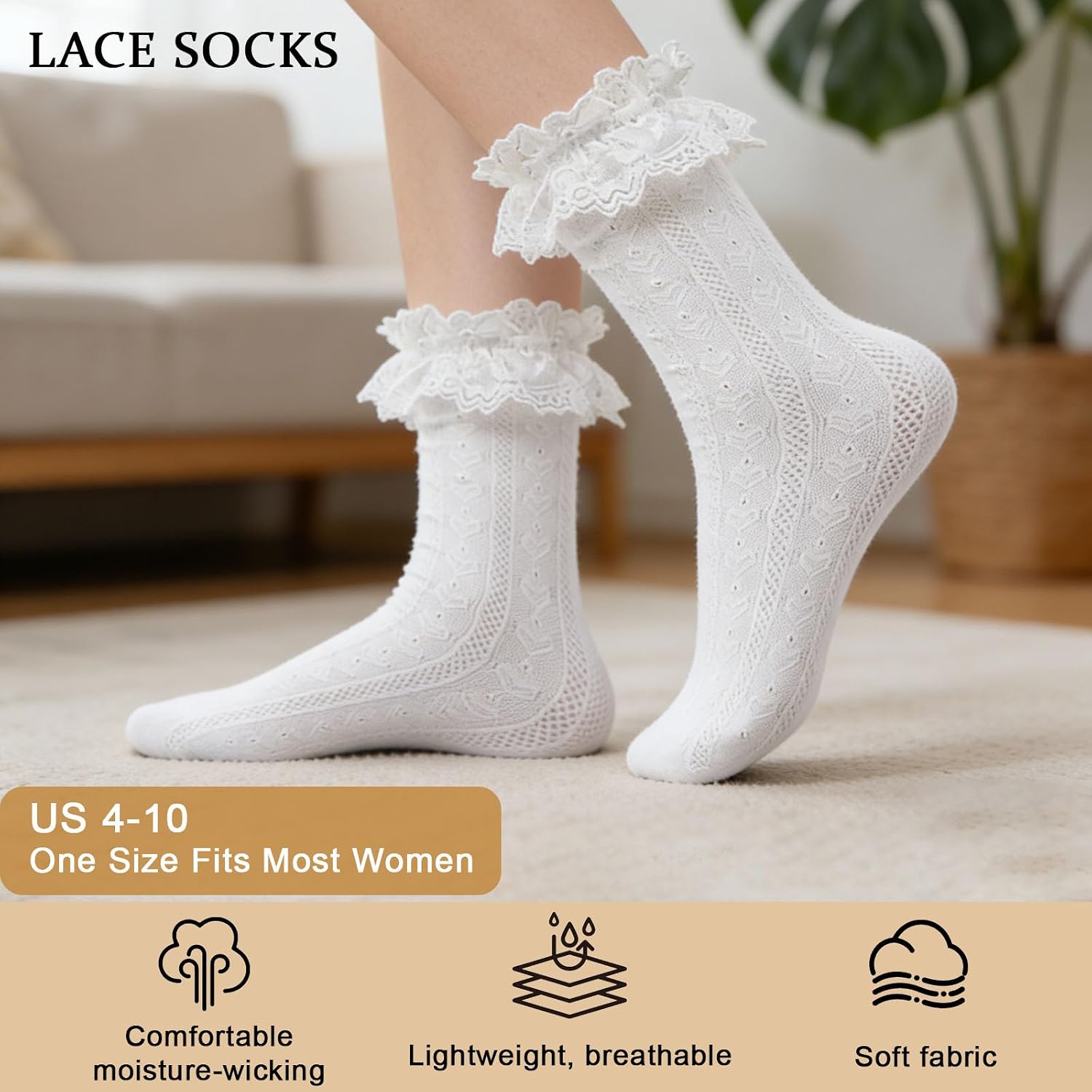 6 Pairs Frilly Ankle Socks Women White Lace Ruffle Socks Breathable Princess Lolita Bobby Socks