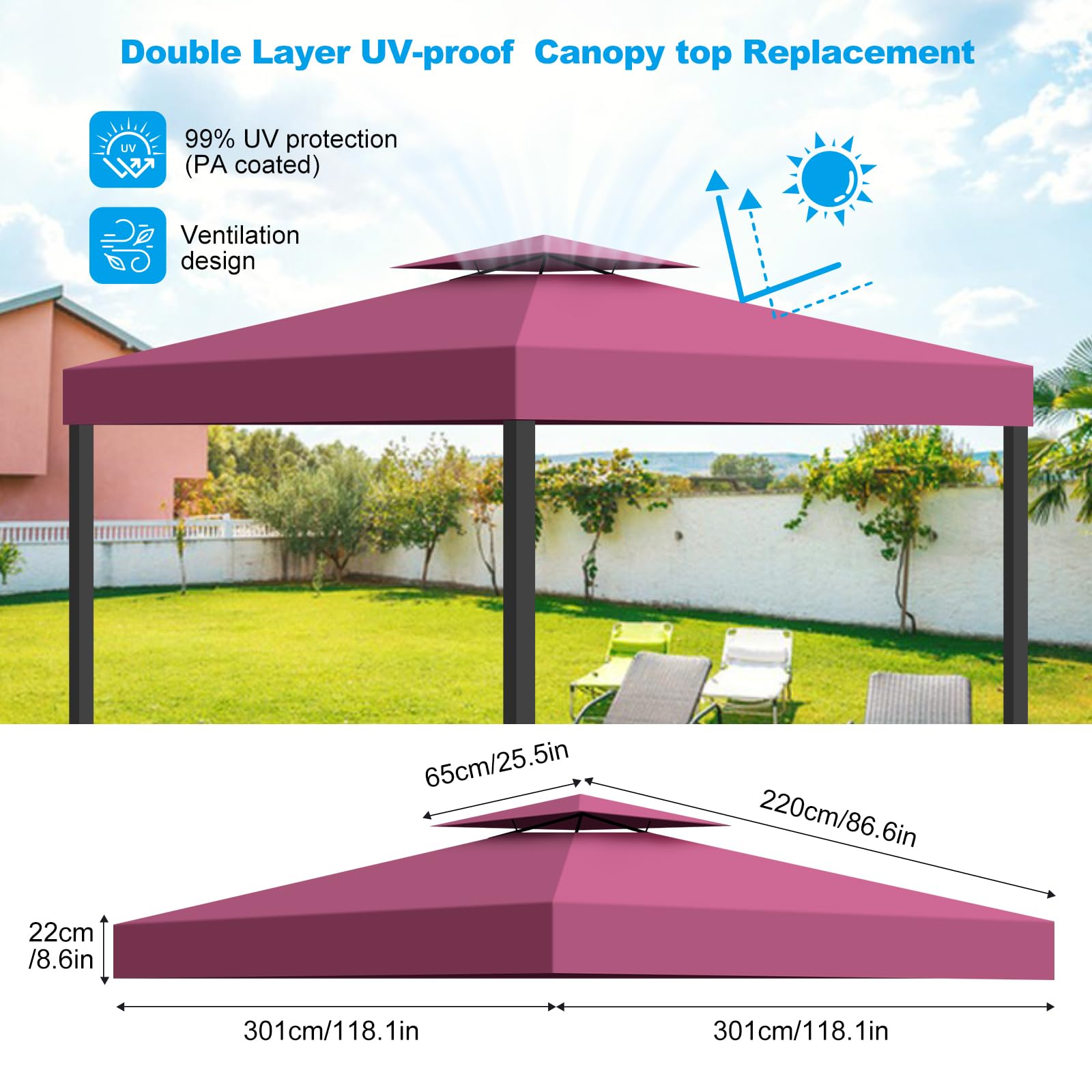 Toldo Recambio Pergola 3x3 m, Techo de Repuesto con Ventilación para Cenador de Jardín, Cubierta Amovible Lona Impermeable con Protección UV para Barbacoa, Bodas, Fiestas y Camping