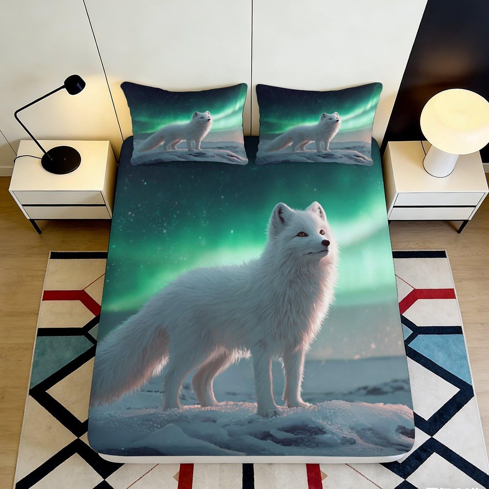 3D Printed Arctic Fox Aurora Fitted Sheet Microfiber Bedroom Decor Snow Landscape Mattress Cover for Adults Teens 90x200x25cm