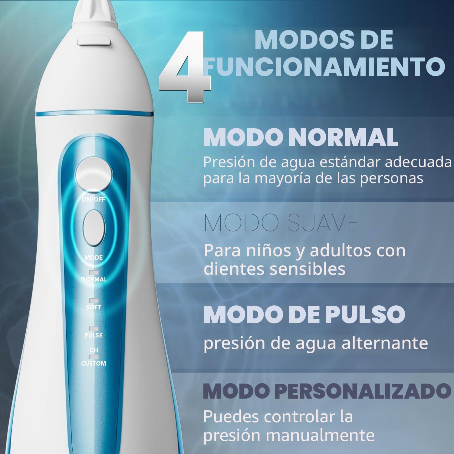 Inalámbrico de agua para dientes Nicwell 4 modos Irrigador oral dental, portátil y recargable IPX7 resistente al agua, batería potente, limpiador de dientes para viajes en casa (blanco)