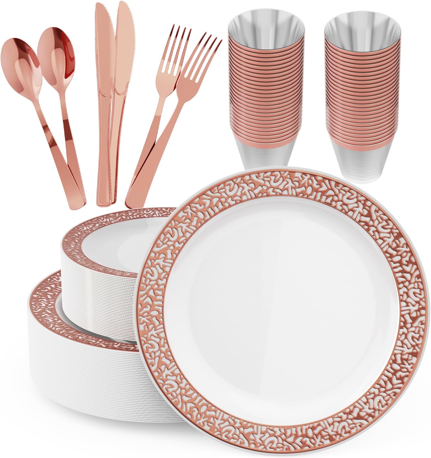 Bellsal 150PCS Rose Gold Plastic Plates, Rose Gold