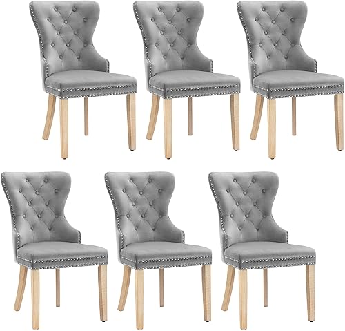 adochr Juego de 6 sillas de comedor decorativas de tela de terciopelo espacio para madera maciza usada con botón y ribete clavado gris