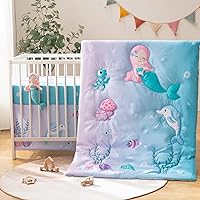 TCOYIWL 4-Piece Cartoon Crib Bedding Set Boys Girls - Quilt, Fitted Sheet, Skirt & Plush Mermaid Toy Nursery